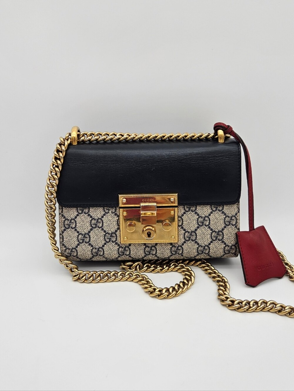 Authentic Gucci GG Supreme Padlock Small Black Red #4410M
